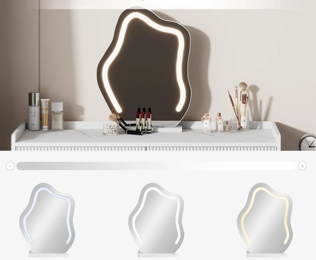 Set Masa toaleta alba, 100 cm cosmetica machiaj, oglinda cu LED, masuta vanity cu Riflaj - SEA490