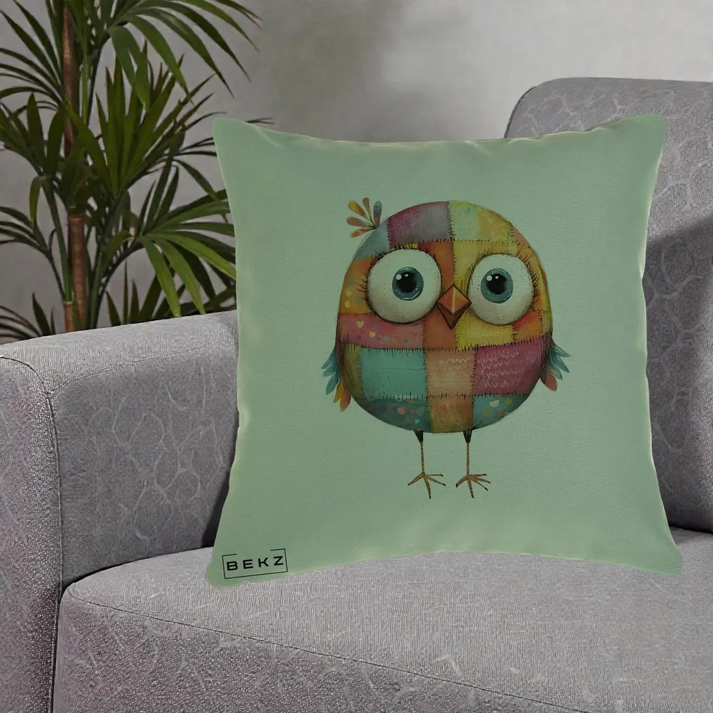Perna decorativa Pasare Patchwork Colorata, 40x40 cm cu Umplutura, Verde, BEKZ