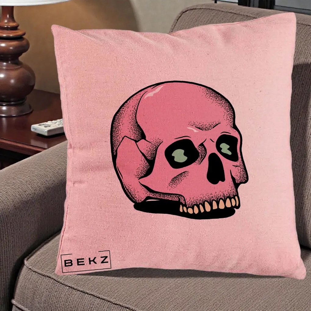 Perna Decorativa Craniu Roz Tatoo Art Halloween, 40x40 cm, Roz, Husa Detasabila, Perna Inclusa, BEKZ®