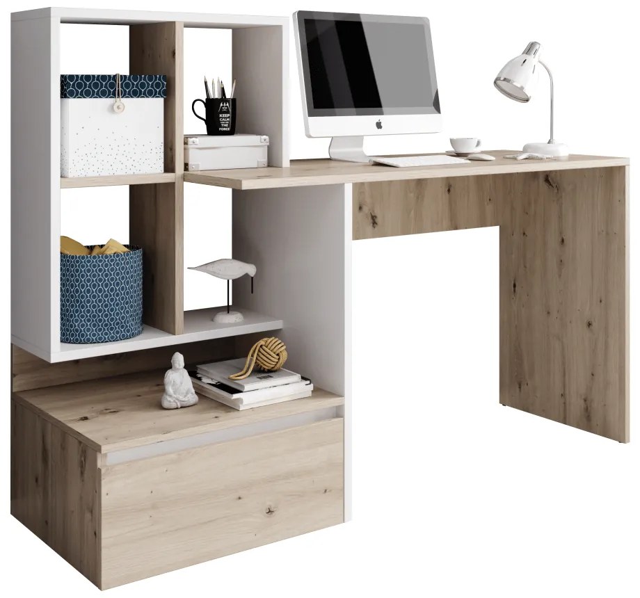 Masa PC, stejar artisan/alb mat, NEREO