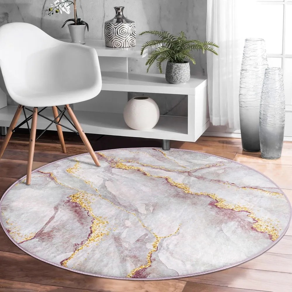 Covor roz deschis/auriu lavabil rotund ø 100 cm Marble – Mila Home