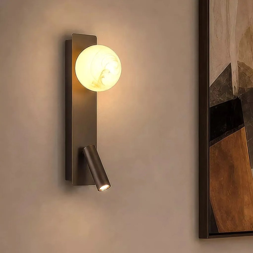 Aplica cu reader LED, Carrara, Sticla Efect Marmura si Metal Latte