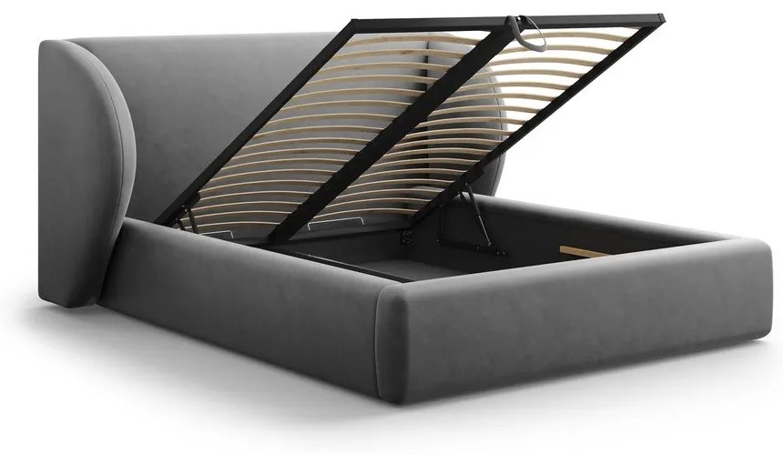 Pat dublu gri închis tapițat cu spațiu de depozitare și somieră 160x200 cm Miley – Micadoni Home