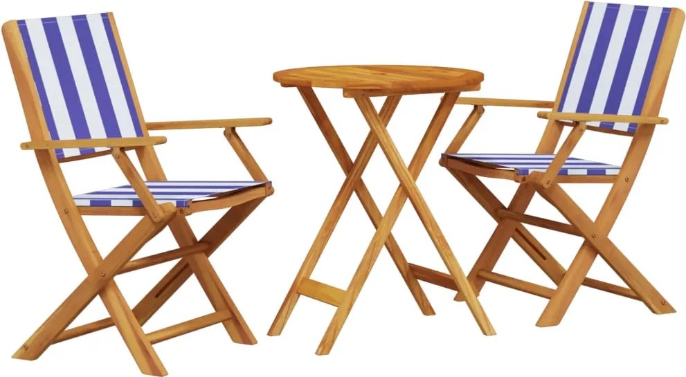 vidaXL Set mobilier bistro, 3 piese, textil albastru alb/lemn masiv