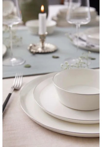 Set de masă 24 piese din porțelan, alb cu detalii argintate