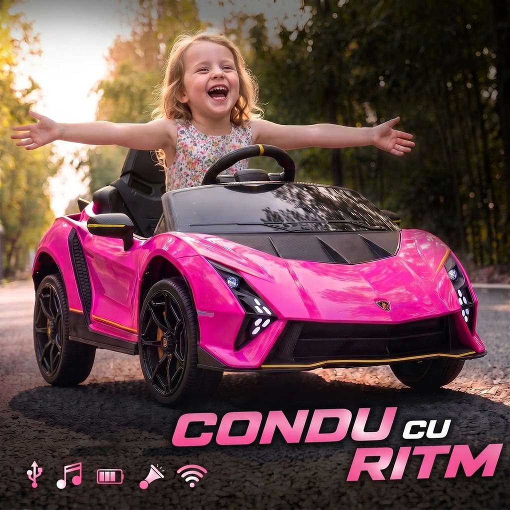 AIYAPLAY Mașină Electrică pentru Copii 3-6 Ani 12V Lamborghini Autentica, 2 Motoare, Uși Tip Foarfecă, Suspensii, Roz | Aosom Romania