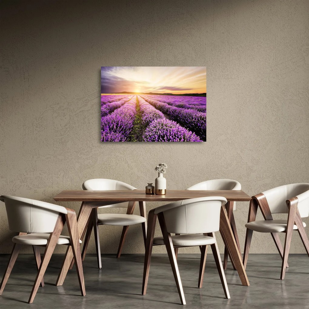 Tablou pe sticlă - Răsărit de soare în câmp de lavandă (70x50 cm)