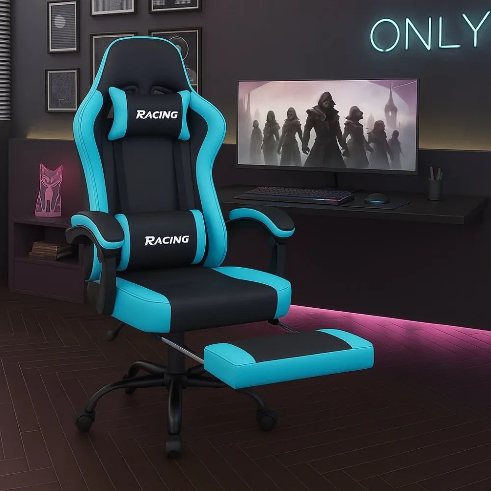 Scaun gaming, Masaj în perna lombară, Suport picioare, Rabatabil 90-165°, piele PU, Negru/Albastru