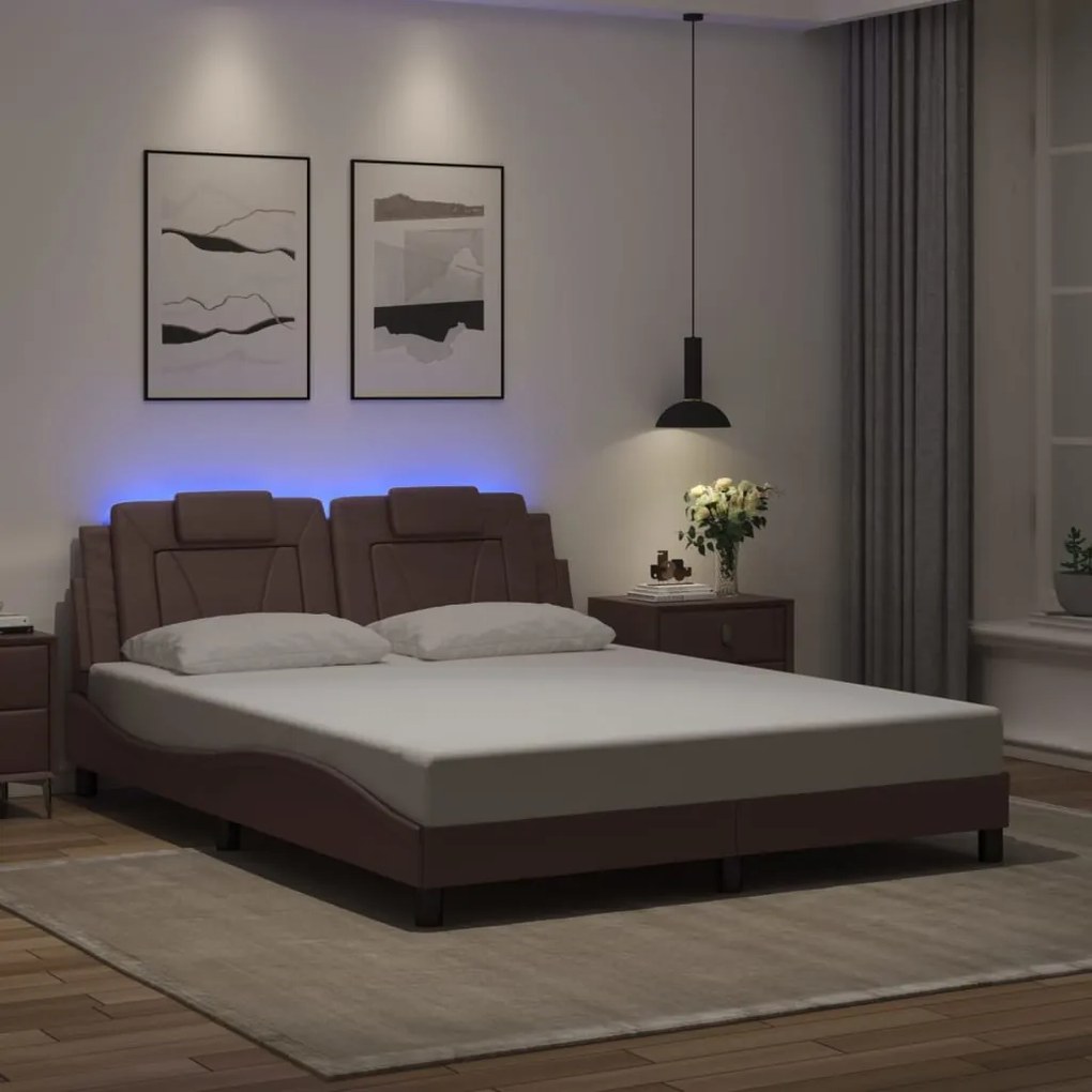 vidaXL Cadru de pat cu lumini LED, maro, 160x200 cm, piele ecologică