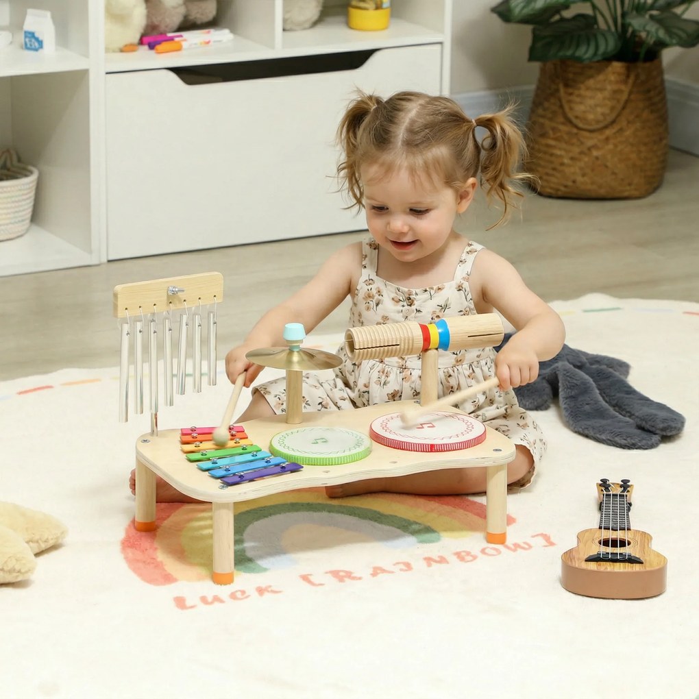 AIYAPLAY Instrumente muzicale pentru copii din lemn Montessori cu tobă xilofon ton dublu talger clopoțel de vânt | Aosom Romania