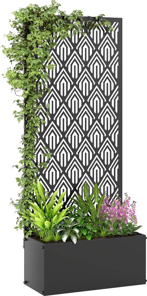 Outsunny Jardinieră cu spalier, ghiveci cu paravan, pentru plante cățărătoare, metal, 45 x 21,5 x 110 cm, negru | Aosom Romania
