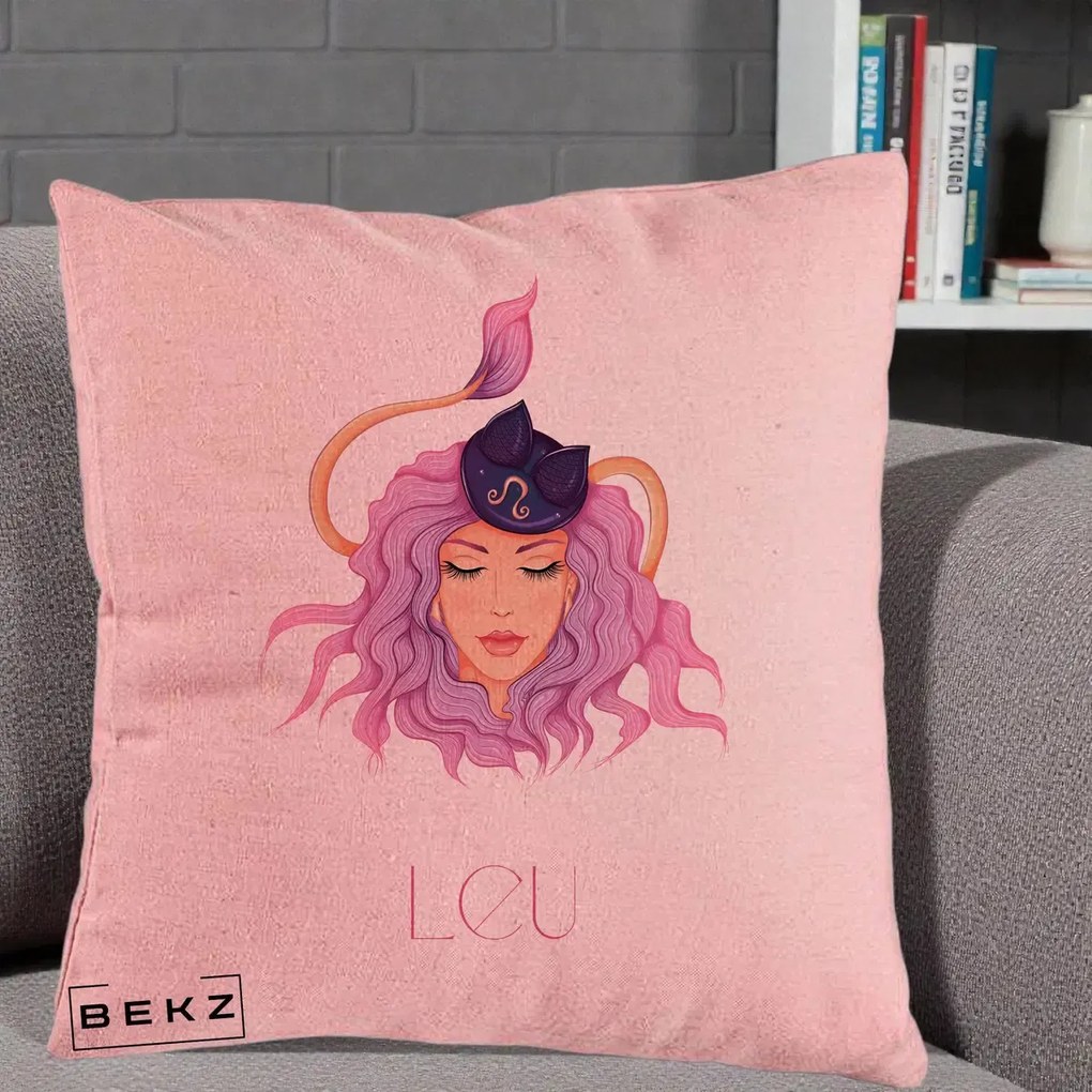 Perna Personalizata Zodie Leu, 40x40 cm, Roz, Husa Detasabila, Perna Inclusa, BEKZ®
