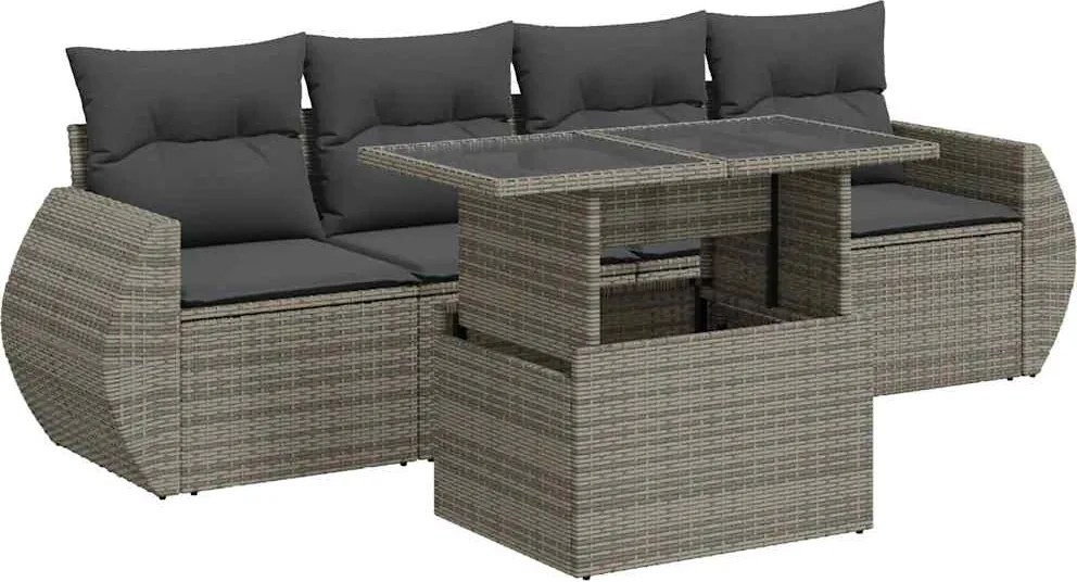 vidaXL Set canapea de grădină cu perne, 5 piese, gri, poliratan
