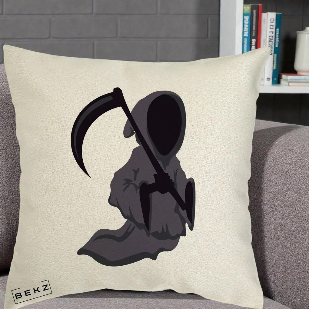 Perna Decorativa Moartea cu Coasa Grim Reaper Halloween, 40x40 cm, Ecru, Husa Detasabila, Perna Inclusa, BEKZ®