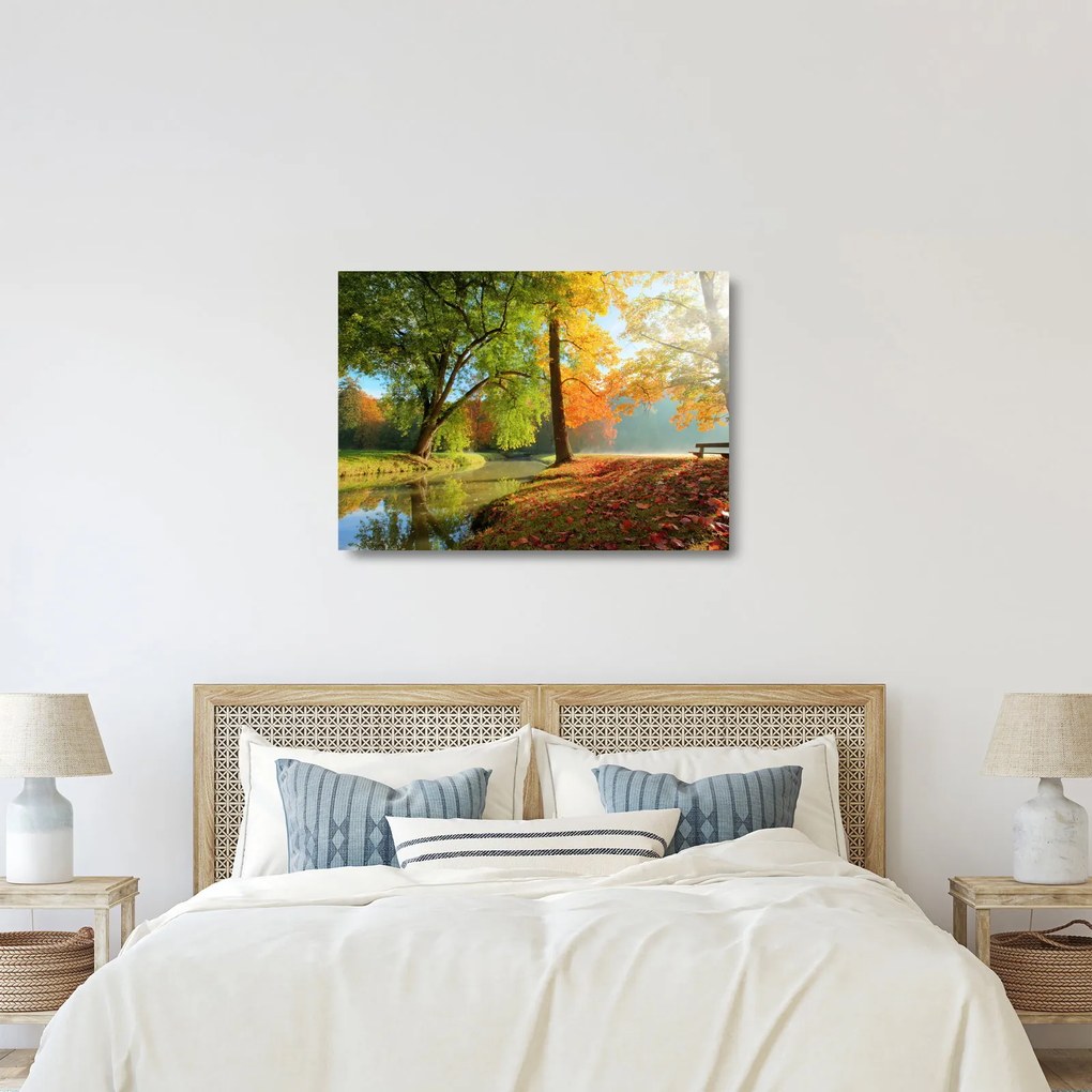 Tablou pe sticlă - Peisaj liniștit de toamnă (70x50 cm)