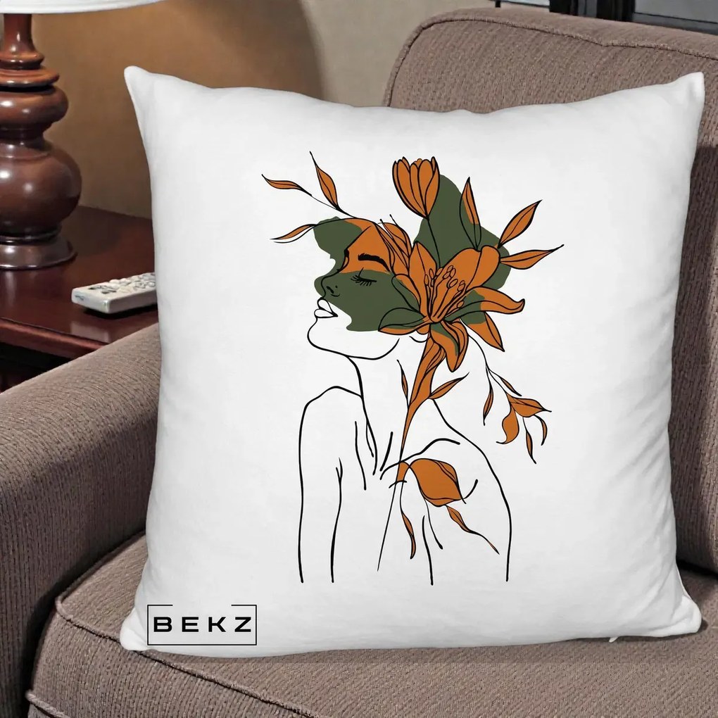 Perna Decorativa Portret Feminin Crin Auriu, 40x40 cm, Alb Pufos, Husa Detasabila, Perna Inclusa, BEKZ®