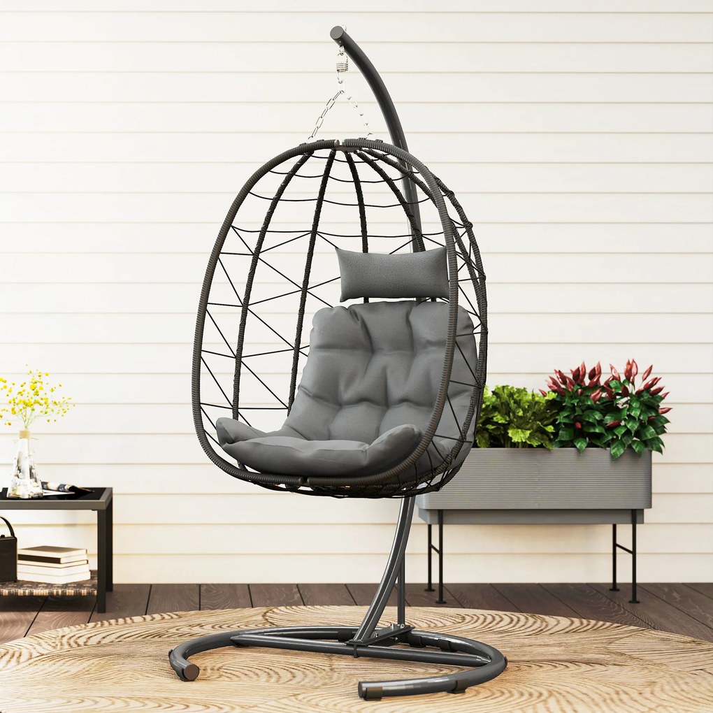Outsunny Fotoliu suspendat Outdoor Fotoliu suspendat Egg Chair, rezistent la intemperii, incl. perne, 102 cm x 102 cm x 195 cm, Gri închis | Aosom Romania