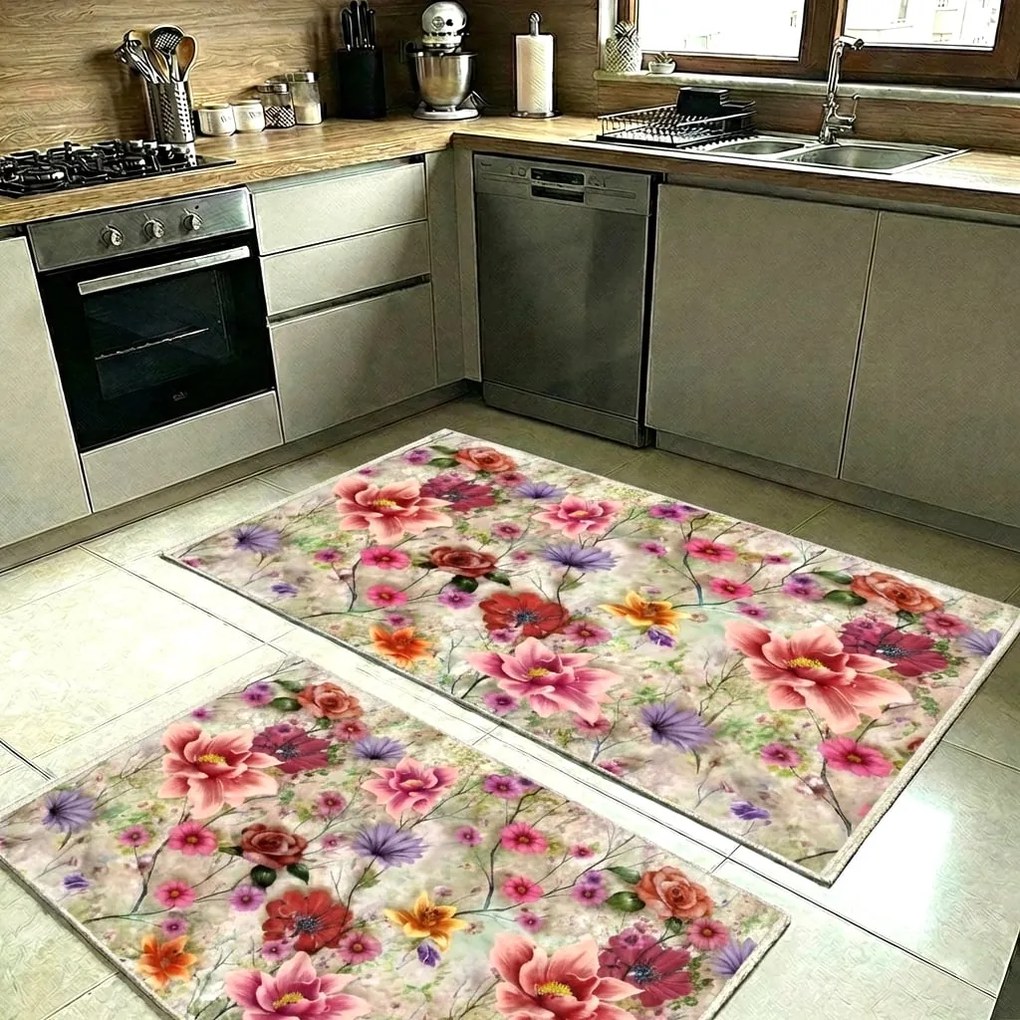 Set covoare bucatarie antiderapante, 2 piese, model floral multicolor
