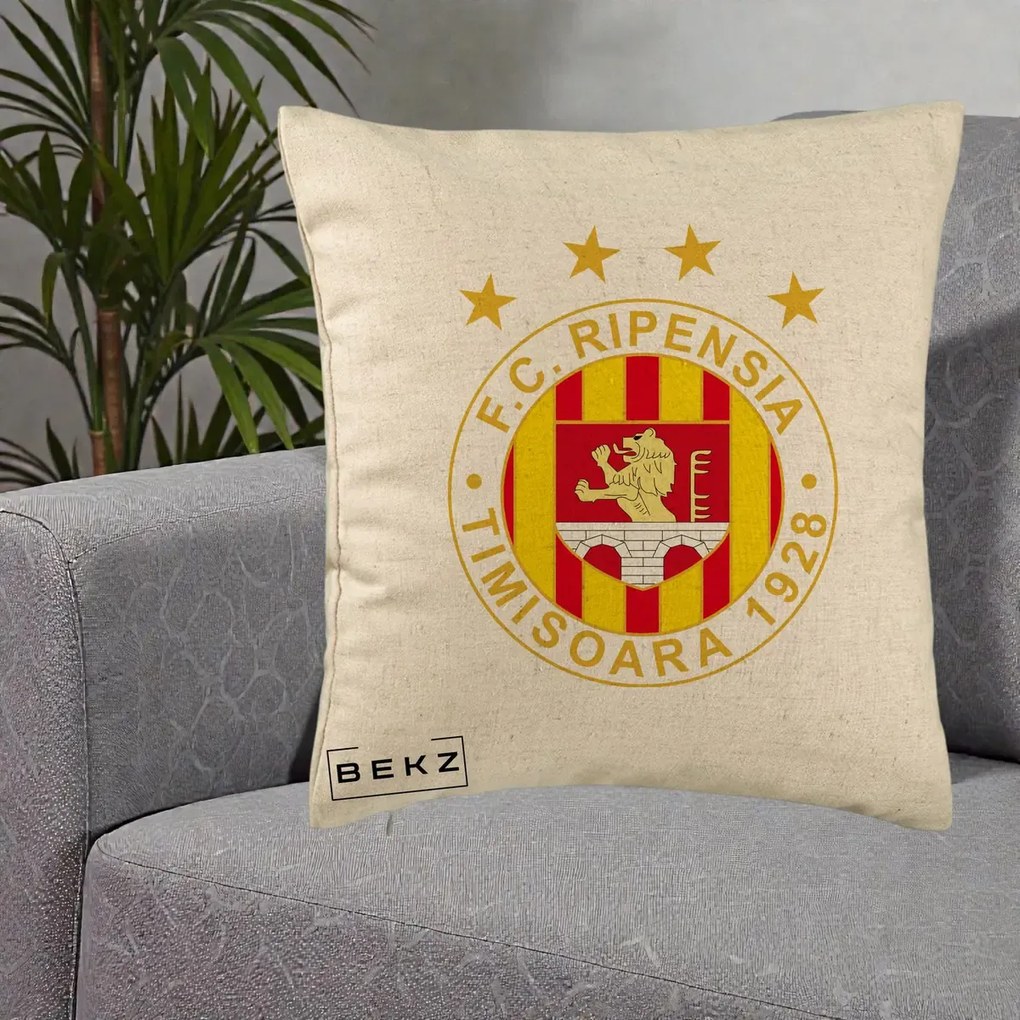 Perna Personalizata FC Ripensia Timisoara 1928, 40x40 cm, Bej, Husa Detasabila, Perna Inclusa, BEKZ®