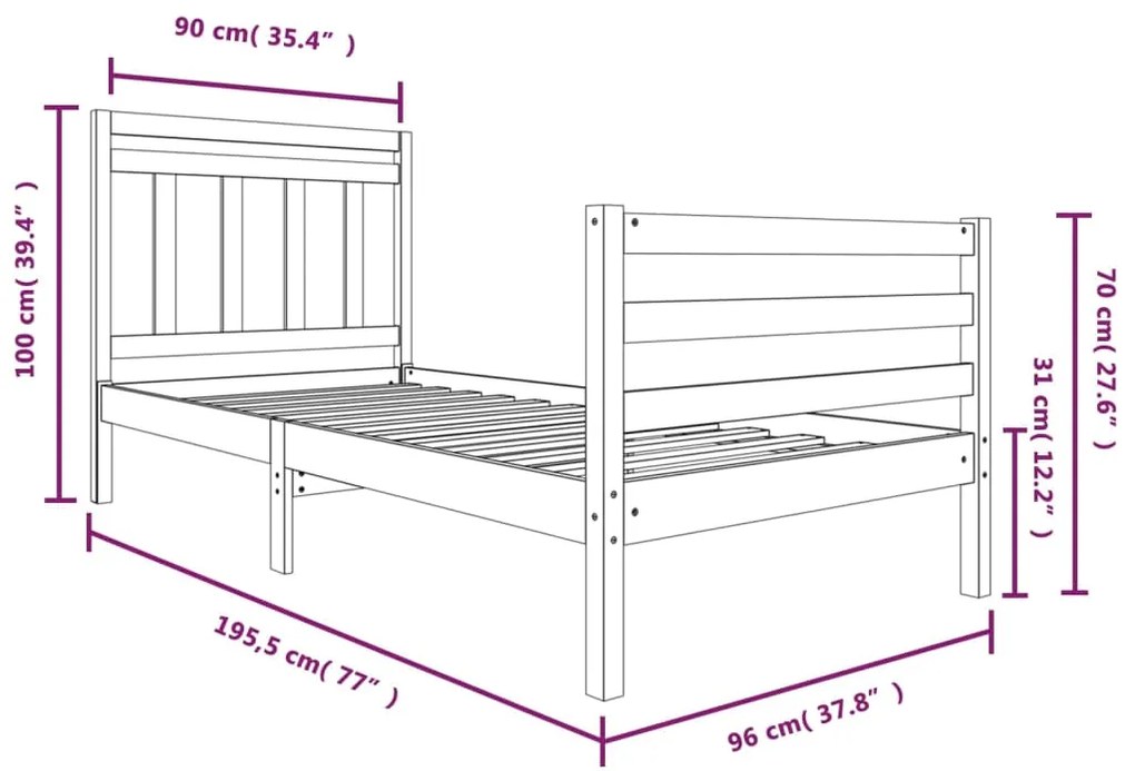 Cadru de pat Single 3FT, negru, 90x190 cm, lemn masiv Negru, 90 x 190 cm