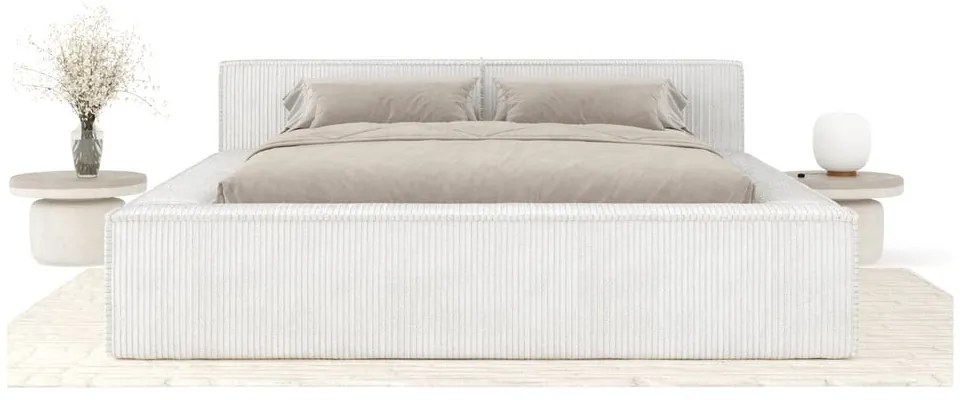 Pat matrimonial crem tapițat cu spațiu de depozitare cu somieră 180x200 cm Voliera – Maison de Rêve