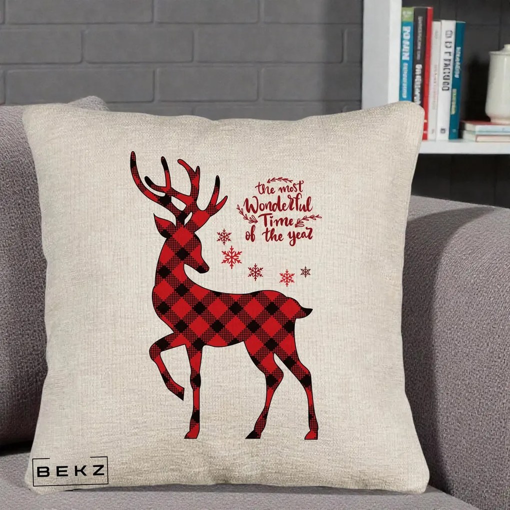 Perna Decorativa Ren Buffalo Plaid Craciun, 40x40 cm, Bej Canapea, Husa Detasabila, Perna Inclusa, BEKZ®