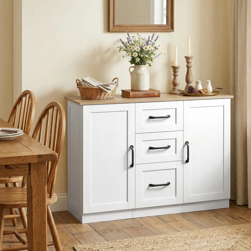 HOMCOM Bufet pentru living, mobilier de depozitare cu 2 uși cu închidere silențioasă și 3 sertare, 110x35x80,4cm, alb și lemn natural | Aosom Romania