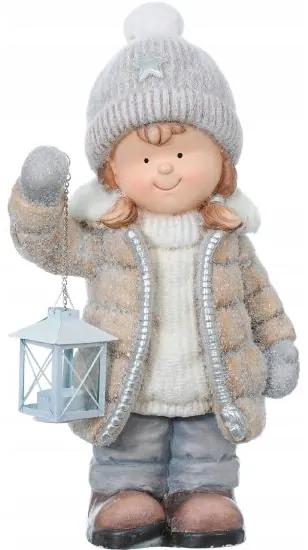 Decoratiune iarna, ceramica, fata cu felinar, nuante gri, 47 cm