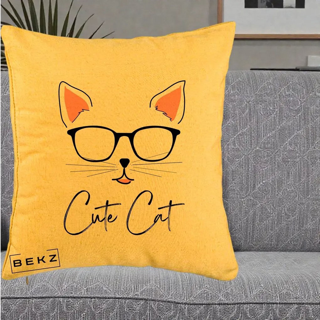 Perna Personalizata Cute Cat cu Ochelari, 40x40 cm, Galben, Husa Detasabila, Perna Inclusa, BEKZ®