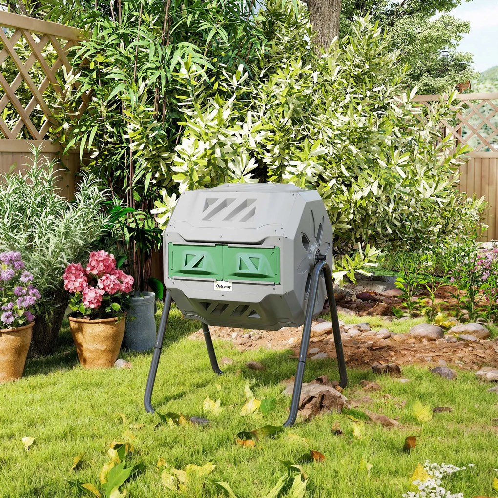 Outsunny Compostor Rotativ cu 2 Secțiuni și 8 Prize de Aerisire din Oțel și PP, 160L, 71x65x96 cm, Gri | Aosom Romania