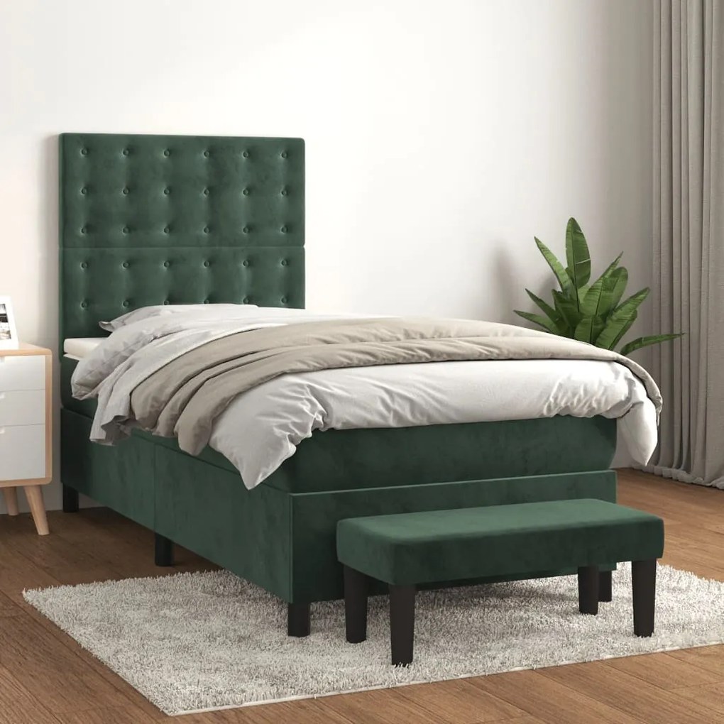 3138058 vidaXL Pat box spring cu saltea, verde închis, 90x190 cm, catifea