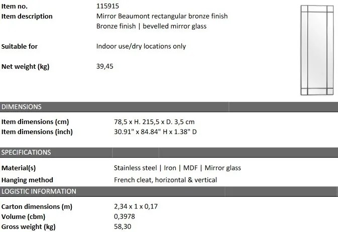 Oglinda decorativa LUX Beaumont Rectangular, bronz 78x215cm 115915 HZ