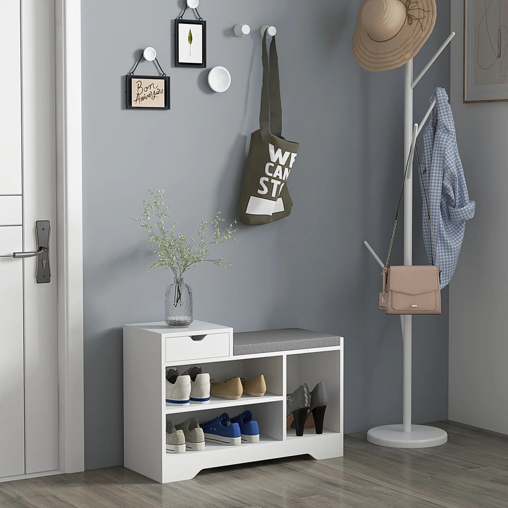 HOMCOM Mobilier și banc pentru pantofi 1 sertar și 3 compartimente, capacitate 5 perechi MDF, 76,5L x 30A x 52Î cm | Aosom Romania