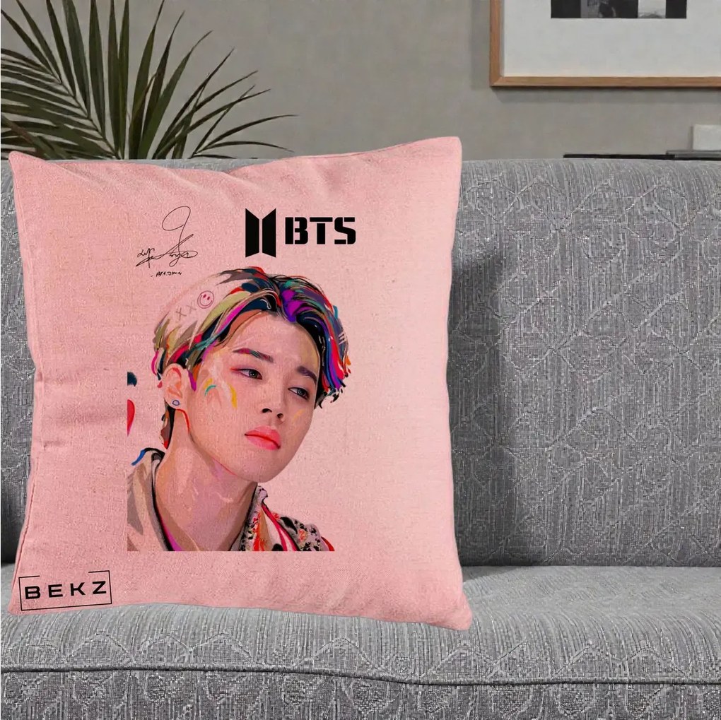 Perna Personalizata K-pop BTS Jimin Portret Artistic Multicolor cu Autograf, 40x40 cm, Roz, Husa Detasabila, Perna Inclusa, BEKZ®