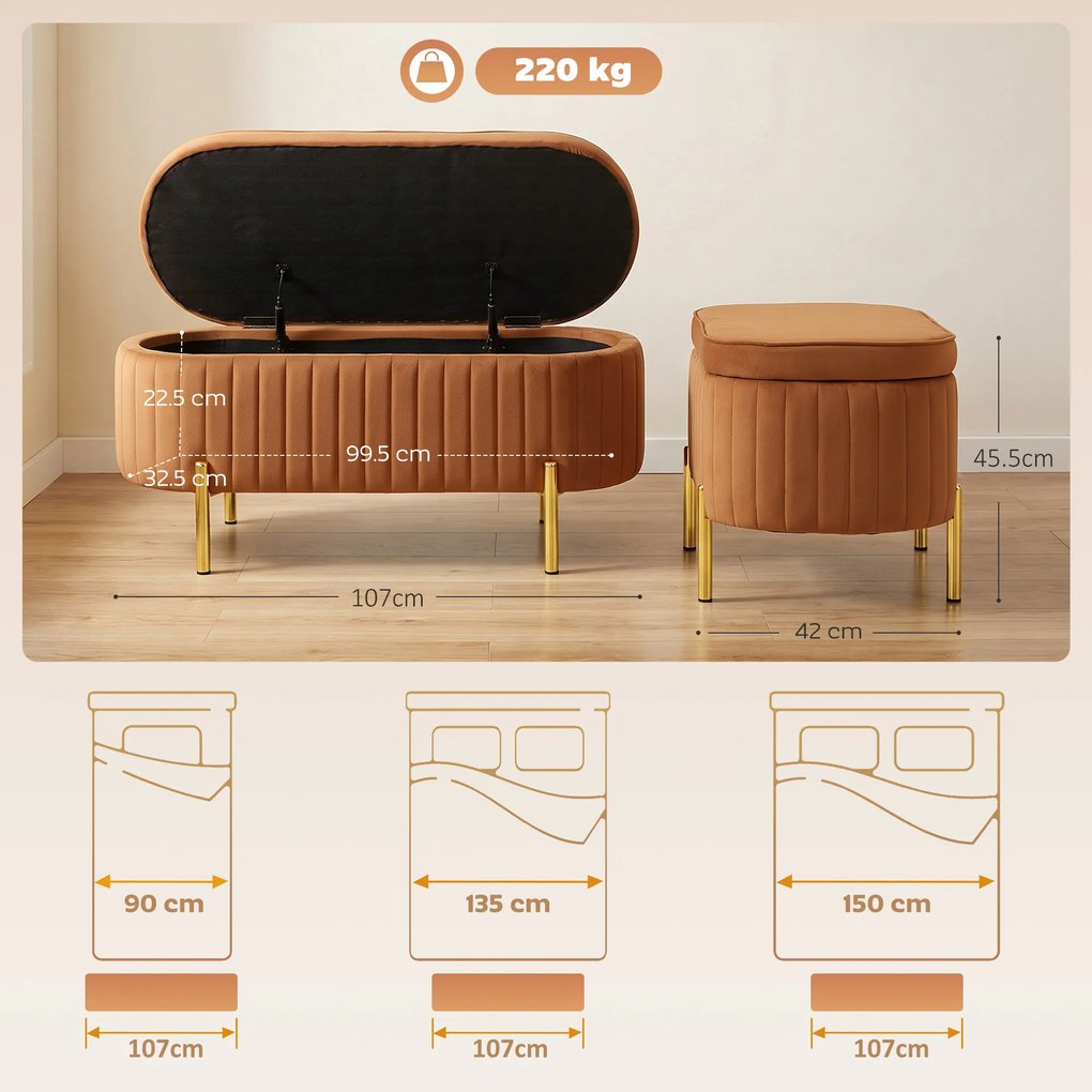 HOMCOM Banchetă Ovală cu Depozitare 72 L, cu Capac Rabatabil, din Material Catifelat și Lemn, 108x44x43,5 cm, Maro Auriu | Aosom Romania