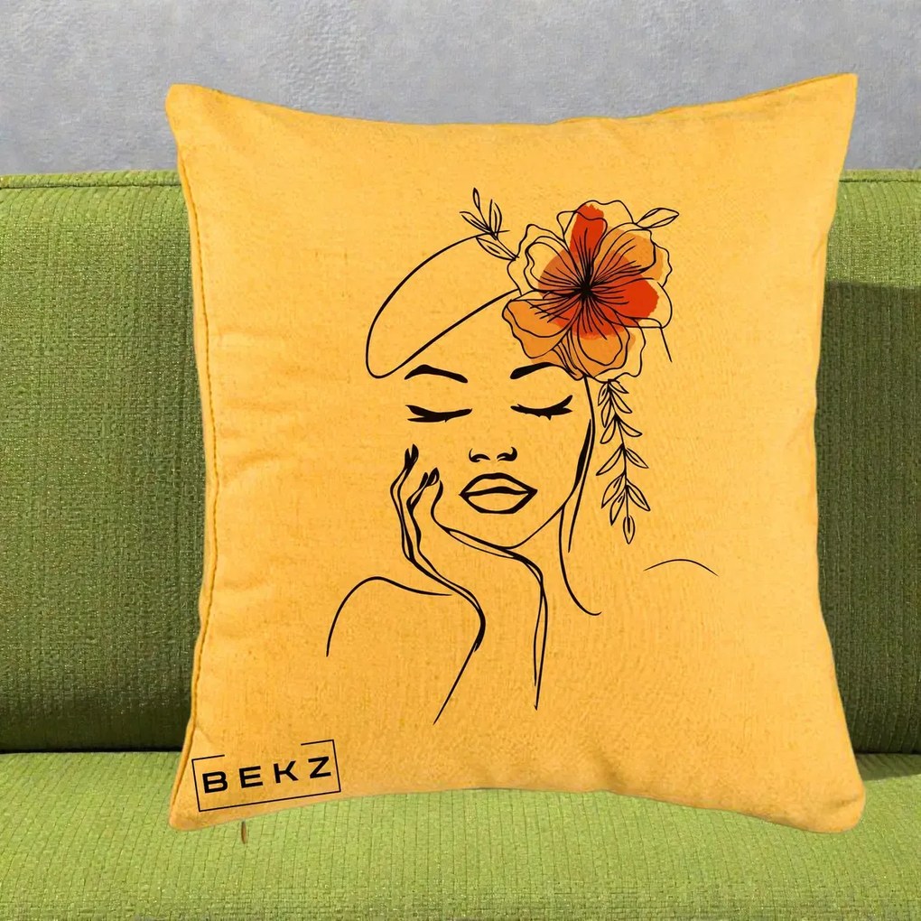 Perna Decorativa Portret Feminin Flori Palarie, 40x40 cm, Galben, Husa Detasabila, Perna Inclusa, BEKZ®