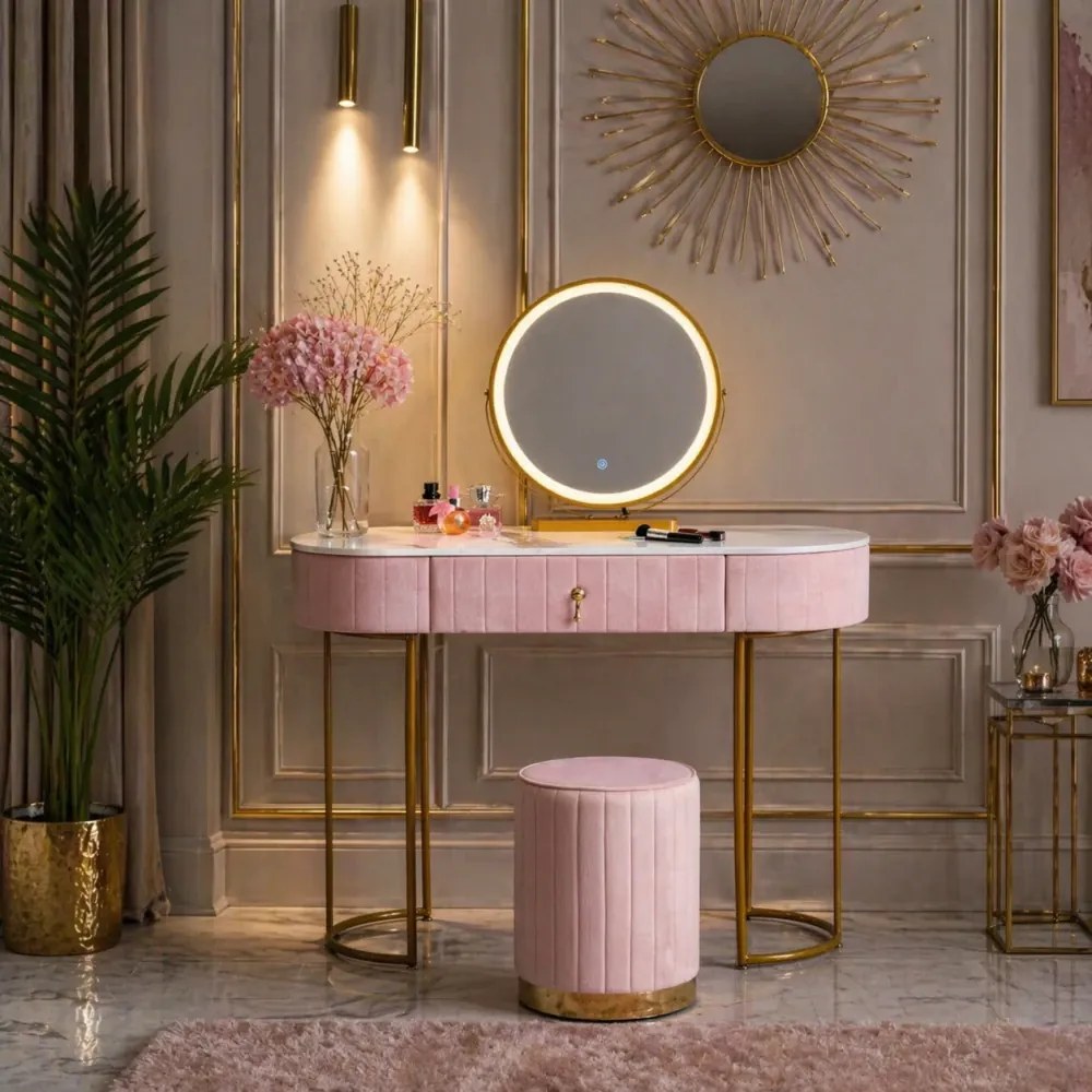 Set ASHLEY, Masă de toaletă pentru machiaj cu oglindă iluminată LED, control touch, sertar, taburet, 100x40x76 cm, Roz/Auriu