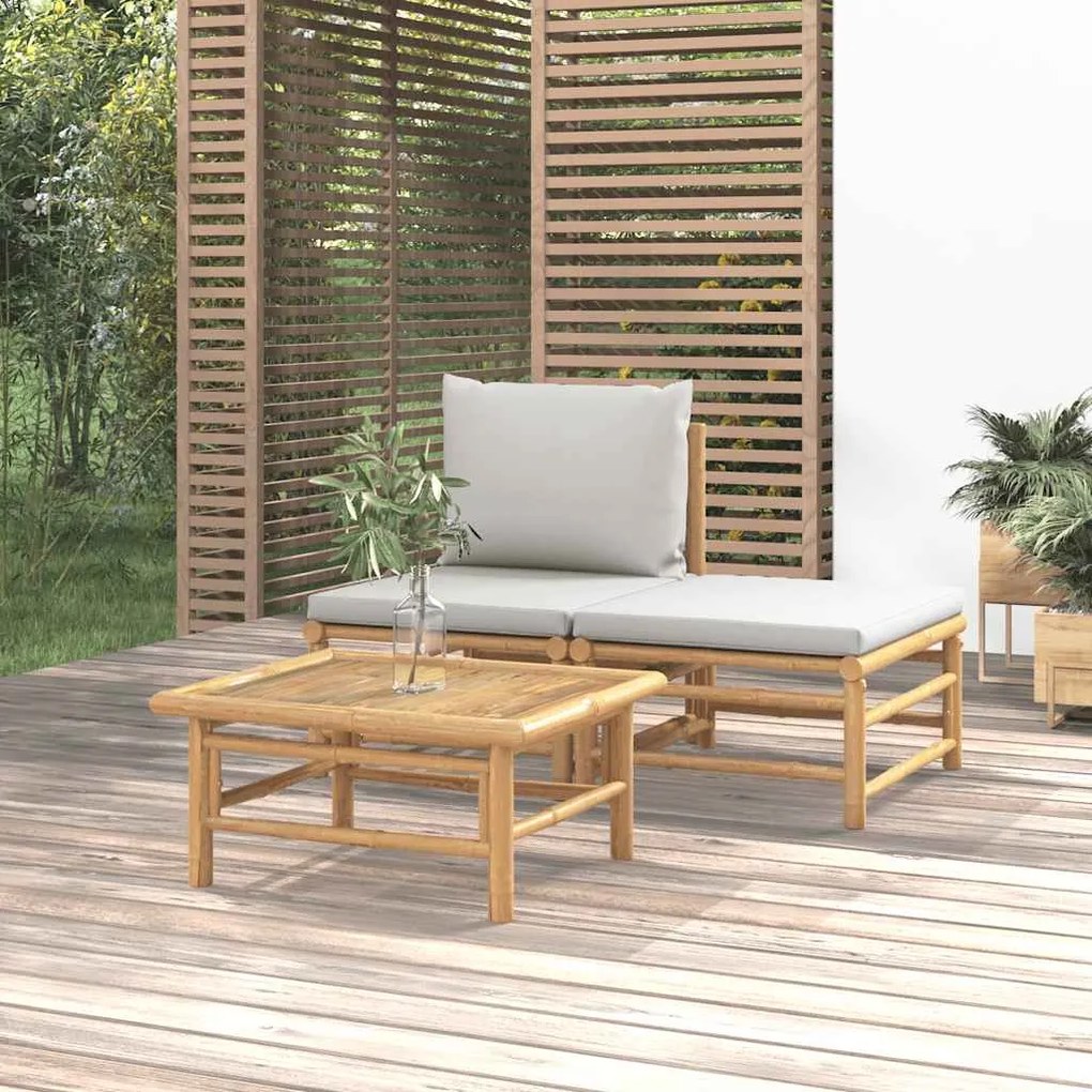 vidaXL Set mobilier de grădină cu perne gri deschis, 3 piese, bambus