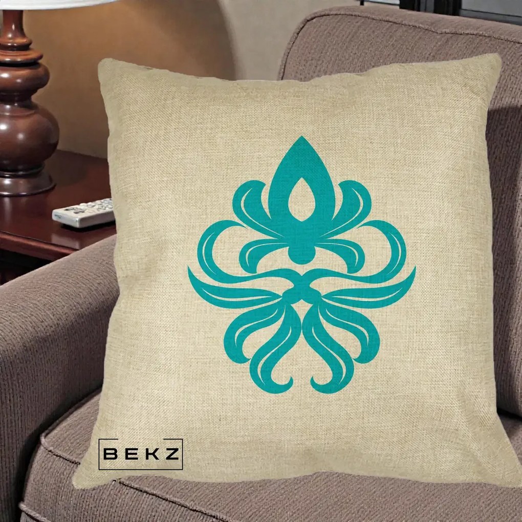 Perna Decorativa Ornament Turcoaz Fleur de Lis, 40x40 cm, Crem, Husa Detasabila, Perna Inclusa, BEKZ®