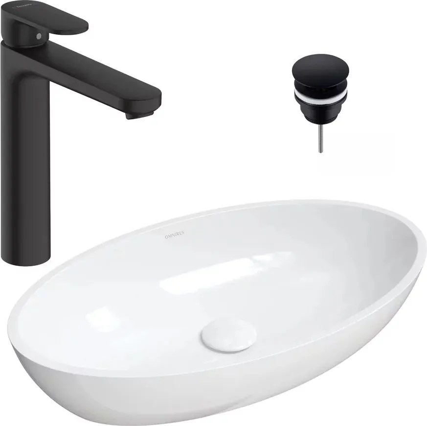 Pachet lavoar pe blat Omnires Siena M+ alb 60 cm, baterie lavoar Hansgrohe Vernis Blend negru si ventil lavoar Click-Clack negru