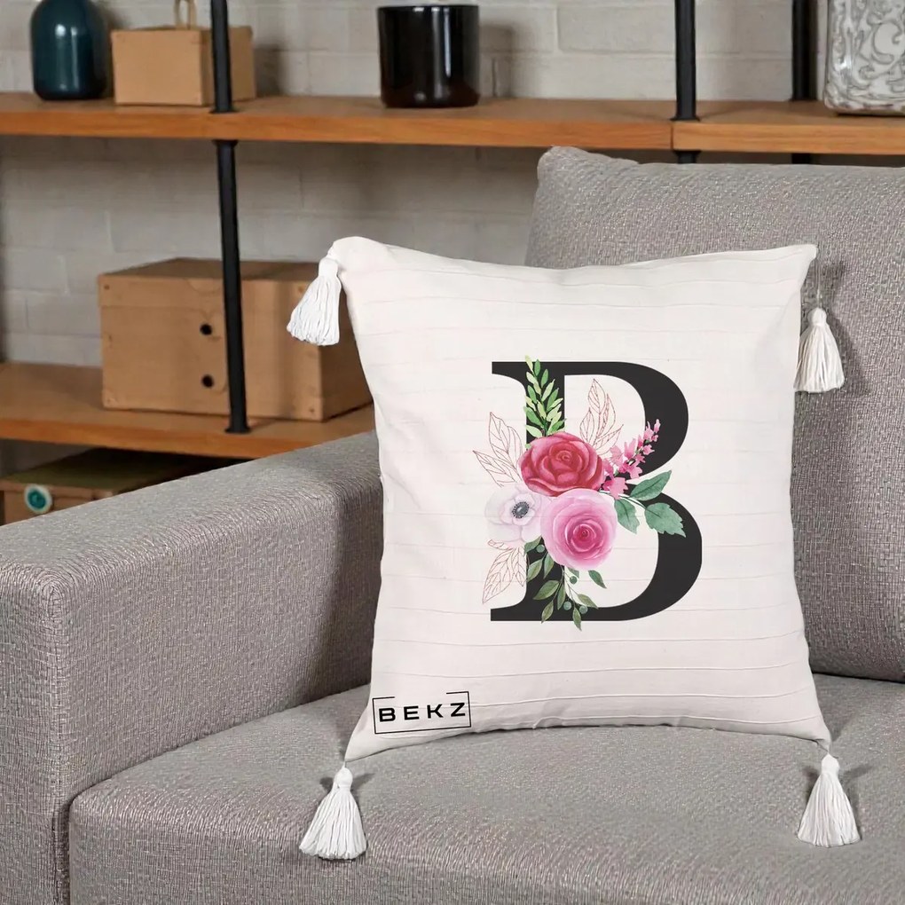 Cadou Personalizat - Perna Personalizata Monograma Florala Litera B, 40x40 cm, Bej cu Franjuri, Husa Detasabila, Perna Inclusa, BEKZ®