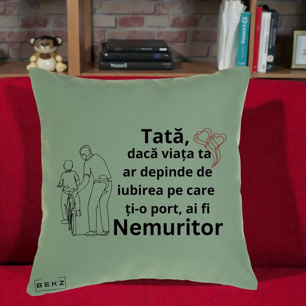 Cadou pentru Tata - Perna Personalizata Tata Nemuritor Bicicleta, 40x40 cm, Verde, Husa Detasabila, Perna Inclusa, BEKZ®