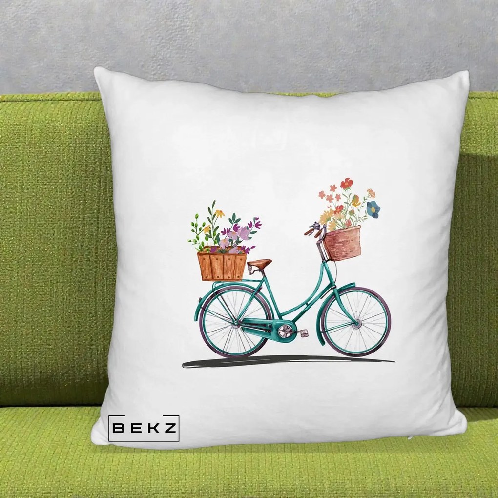 Perna Decorativa Bicicleta Florala Turcoaz Acuarela, 40x40 cm, Alb Pufos, Husa Detasabila, Perna Inclusa, BEKZ®