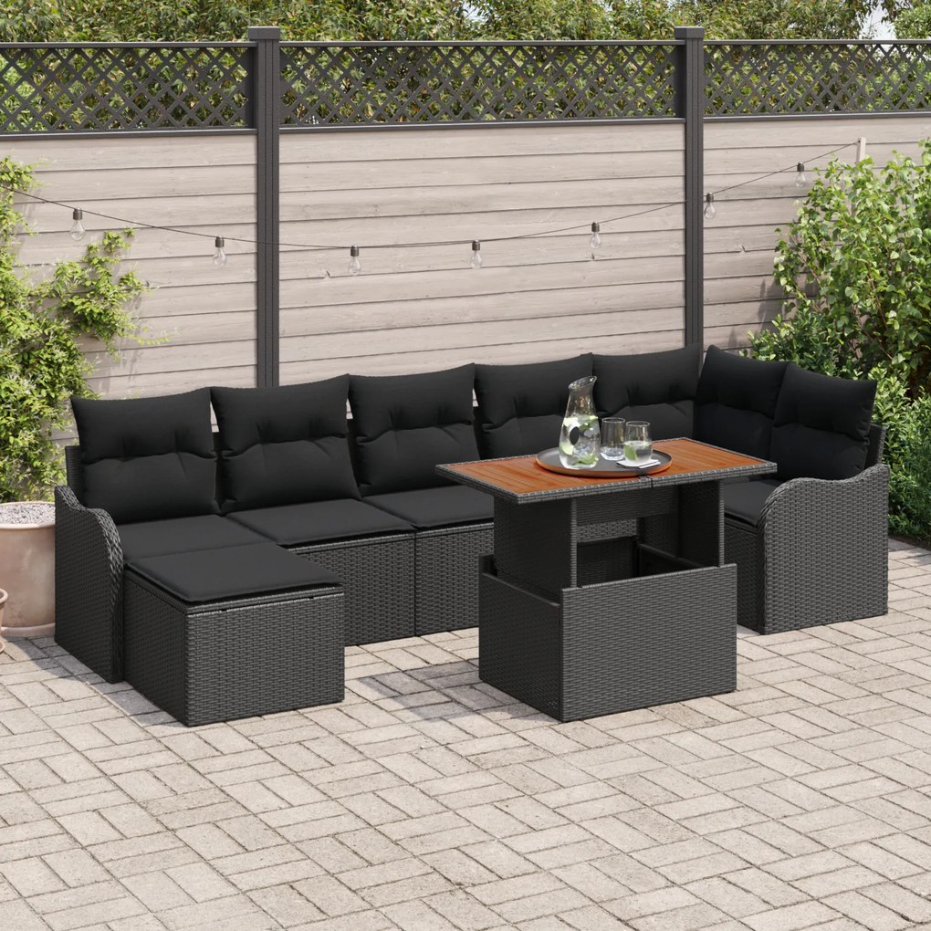 Set canapea grădină vidaXL 8 piese cu perne Negru Poli Ratan Acacia