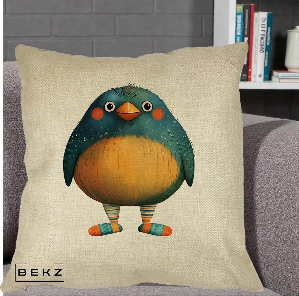 Perna Decorativa Pasare Teal cu Sosete Dunghi, 40x40 cm, Crem, Husa Detasabila, Perna Inclusa, BEKZ®
