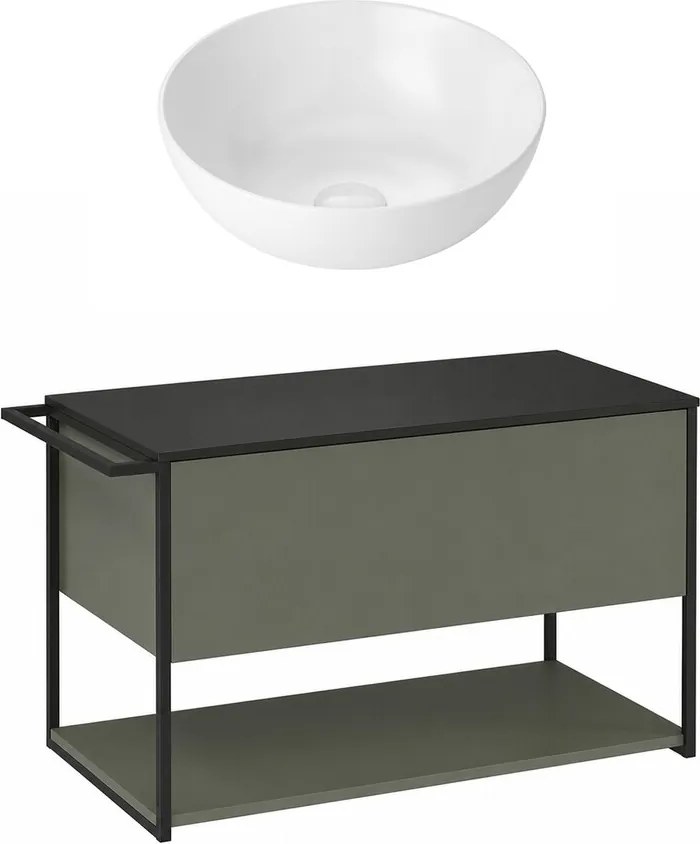 Set dulap baza suspendat Krofam Lov verde-negru 80 cm blat negru si lavoar 39 cm