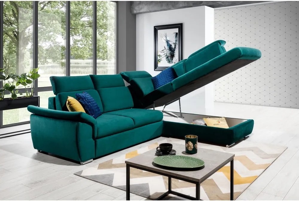 Colțar verde extensibil/cu spațiu de depozitare cu tapițerie din catifea (cu colț pe partea dreaptă/în formă de ”L”) Loreto – ELTAP