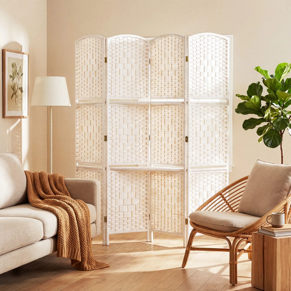 HOMCOM Paravan separator de cameră 4 panouri 160 x170 cm cu 2 rafturi, pliabil, din lemn | Aosom Romania