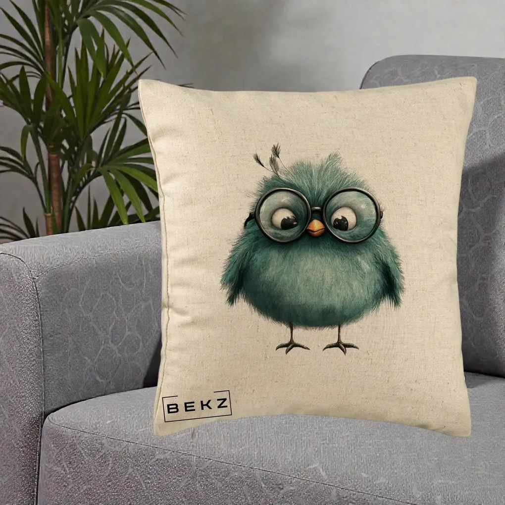 Perna Decorativa Pui Teal cu Ochelari Rotunzi, 40x40 cm, Bej, Husa Detasabila, Perna Inclusa, BEKZ®