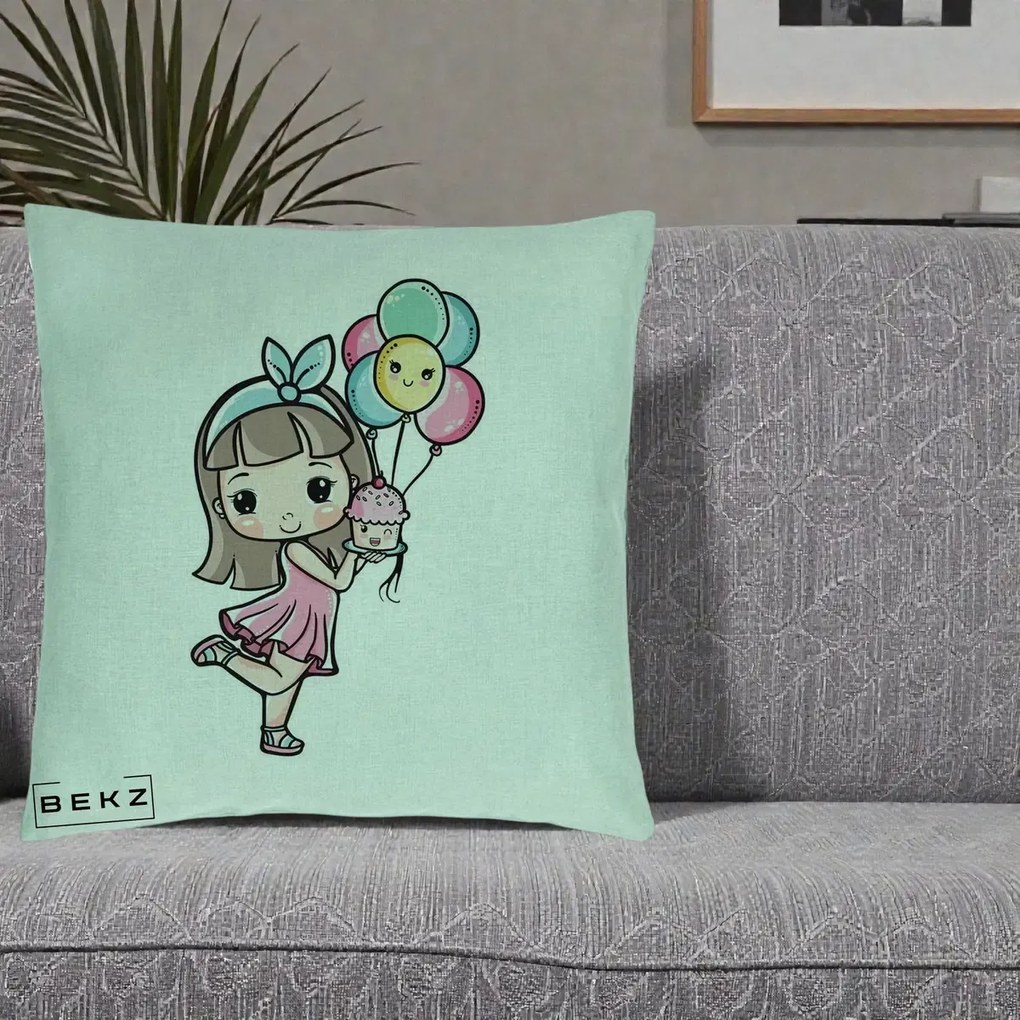 Perna Decorativa Fetita Kawaii cu Baloane si Cupcake, 40x40 cm, Verde Menta, Husa Detasabila, Perna Inclusa, BEKZ®